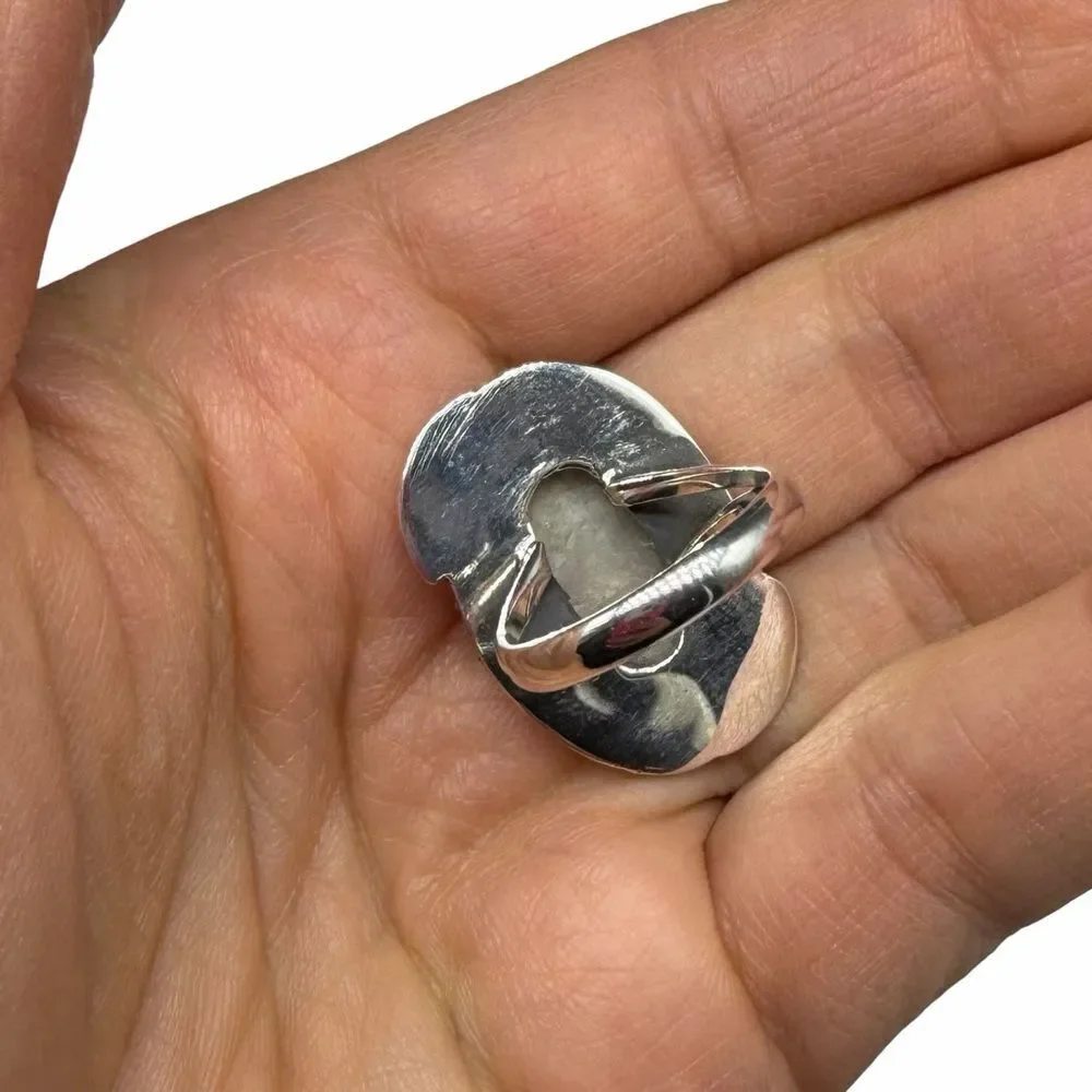 Cinnabar Ring Size 7 Solid 925 Sterling Silver Etched Leaves Oval